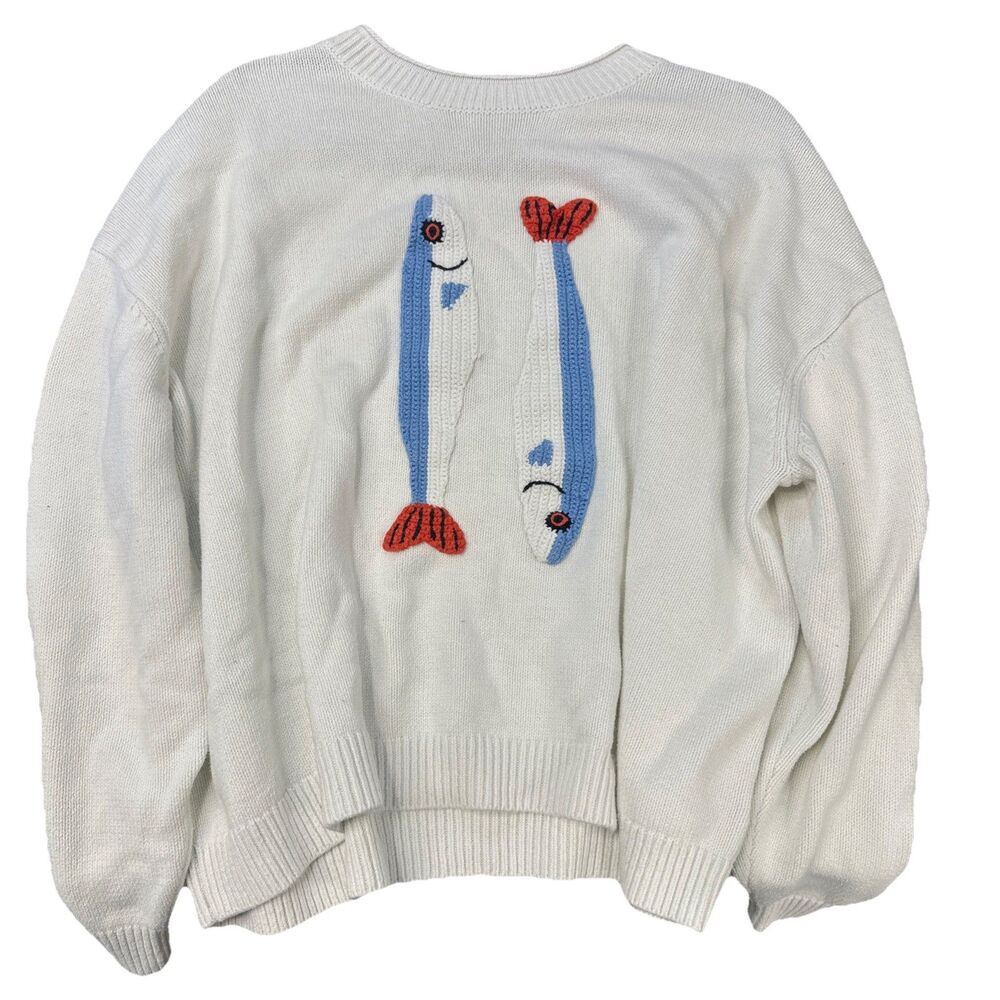 STAUD Giada Fish Knit Sweater Ivory - Size Large - Picture 2 of 6